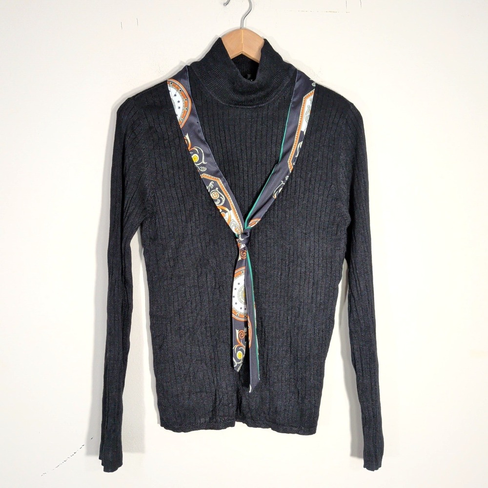 August Silk Black Turtleneck Sweater; 100% Silk Ribbed Knit Scarf Detail